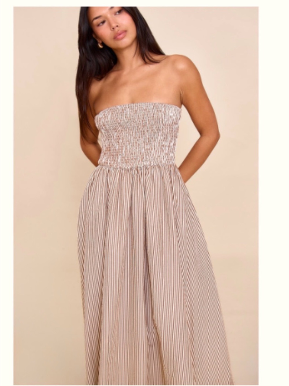PrettyLittleThing Strapless Smocked Maxi Dress in Taupe and White Stripe